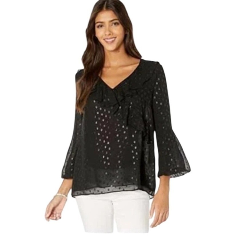 Lilly Pulitzer NWT SZ XXS Olennia Silk Black Metallic Polka Dot Bell Sleeve Top
